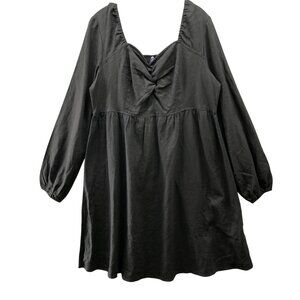 Kiabi Linen Blend Long Sleeve Dress XL Black Knee Length Smocked Sweetheart